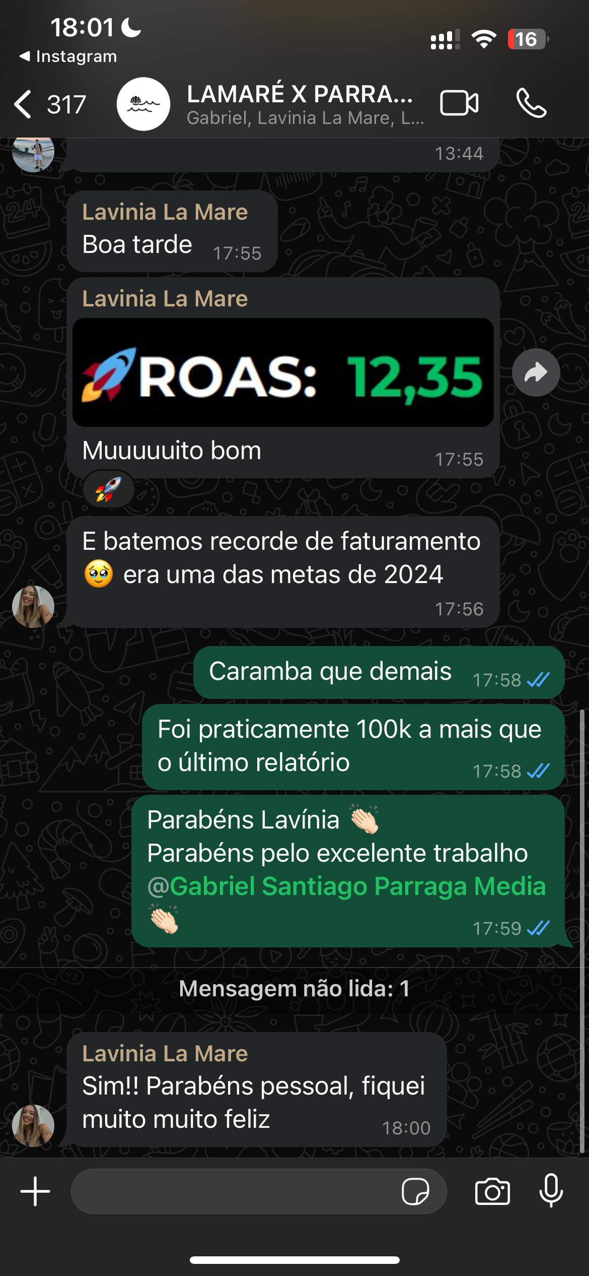 Conversa no grupo da Lamaré: ROAS de 12,35 e a mensagem batemos recorde de faturamento, era uma das metas de 2024